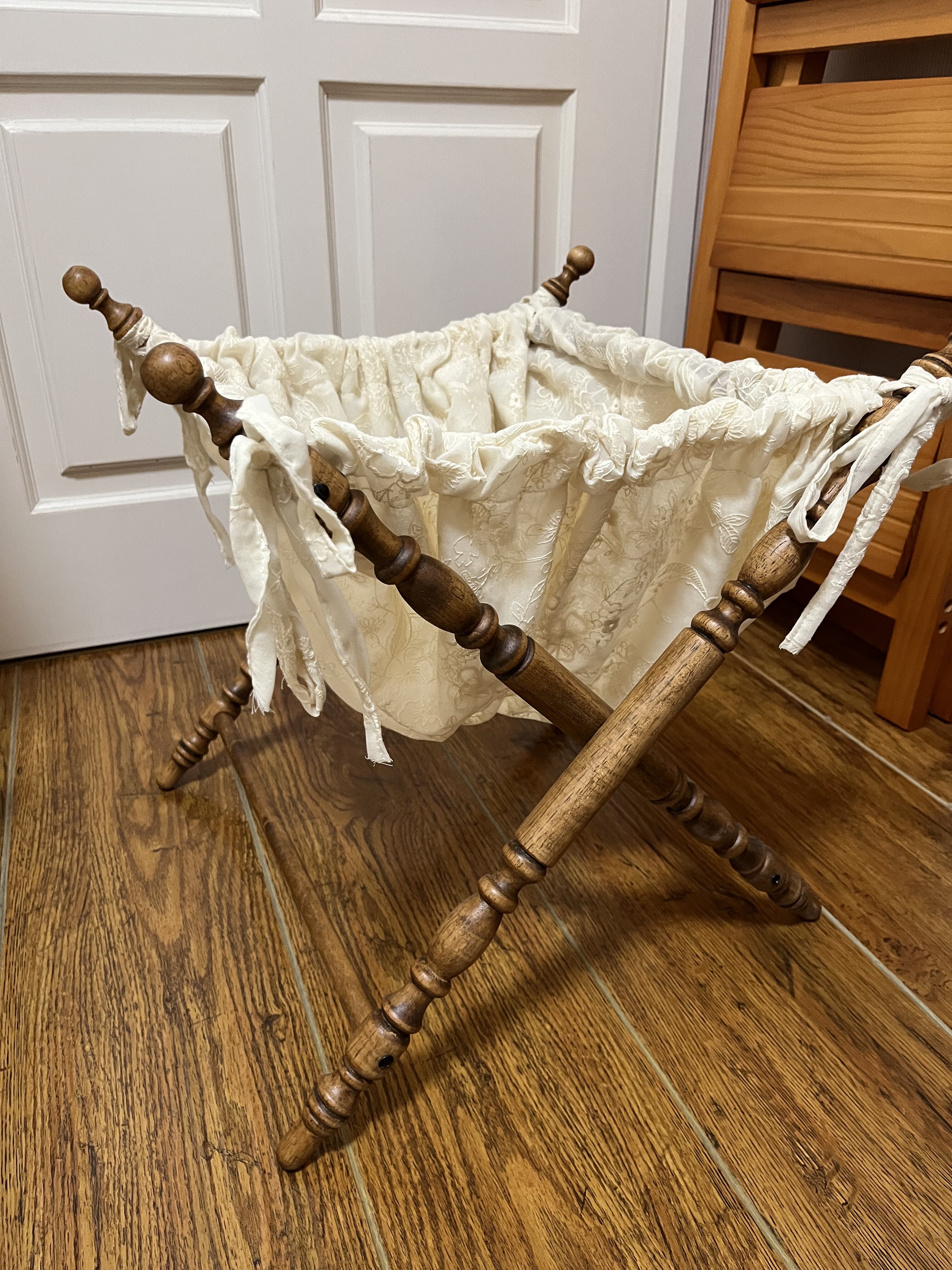 wooden storage basket for pet toys in a customer's home - Vintage French Fabric Pet Storage Hamper